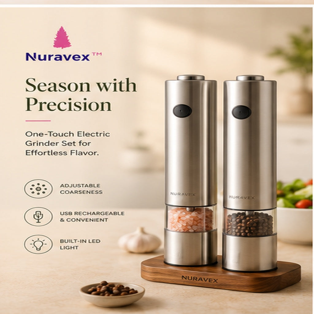 NURAVEX™ Rechargeable Electric Salt & Pepper Grinder Set | Adjustable Ceramic Spice Mills