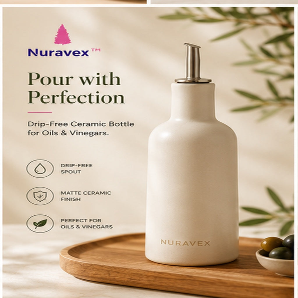 NURAVEX™ Matte Ceramic Olive Oil Dispenser Bottle | Drip-Free Kitchen Cruet for Oil & Vinegar