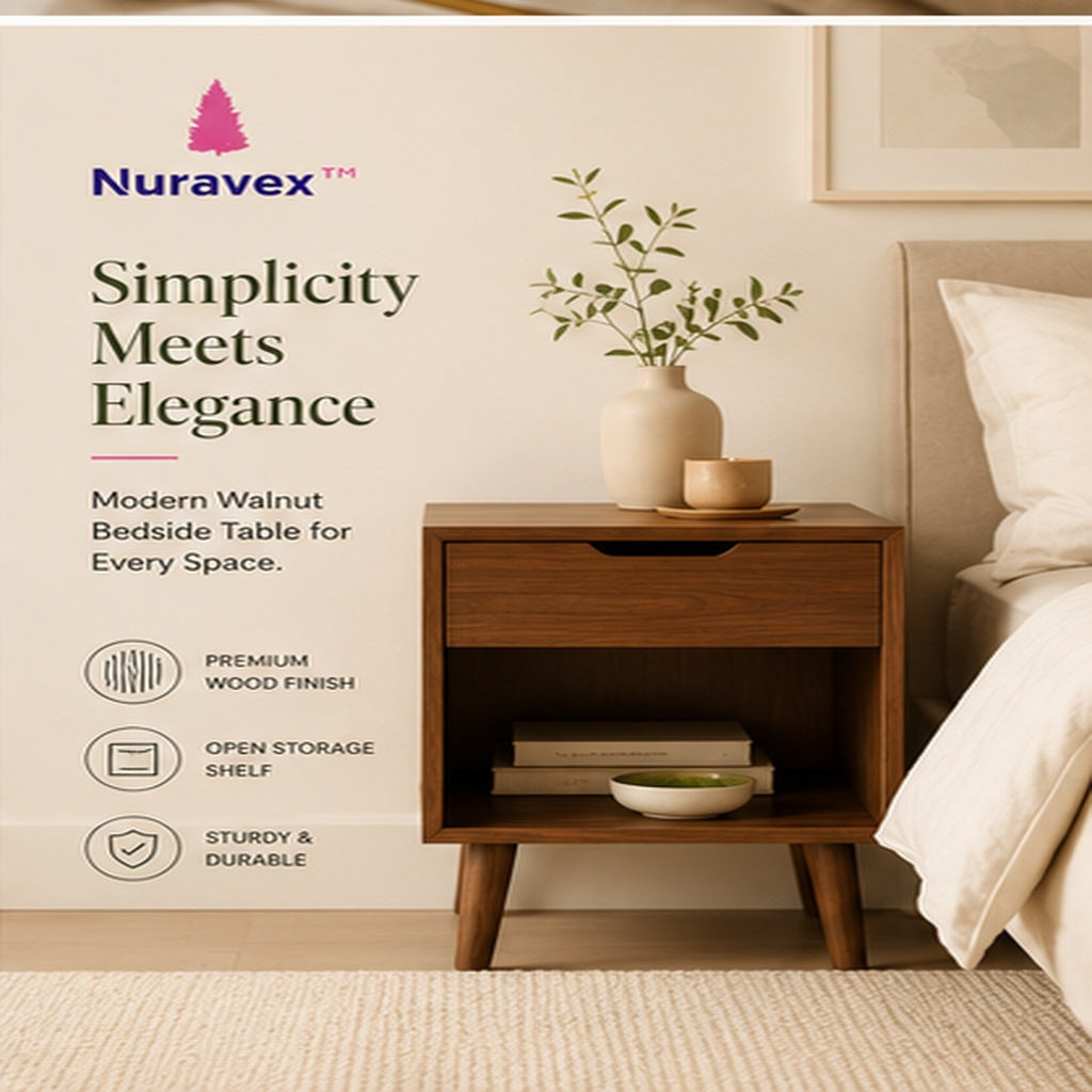 NURAVEX™ Modern Walnut Bedside Table | Compact Minimal Nightstand with Open Storage Shelf