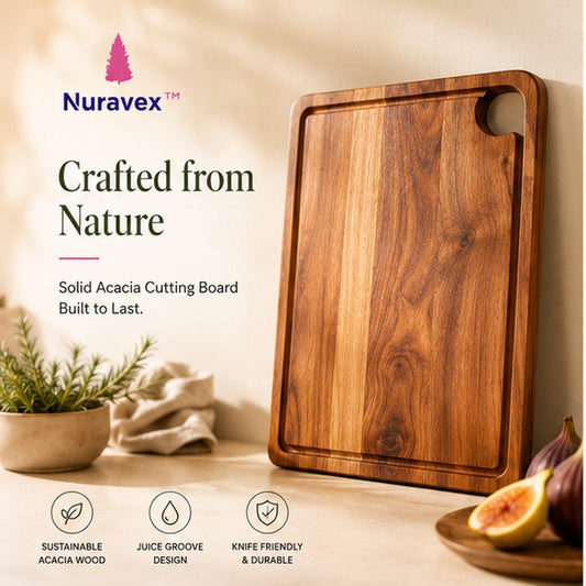 NURAVEX™ Solid Acacia Wooden Cutting Board with Juice Groove | Chopping Board & Serving Tray