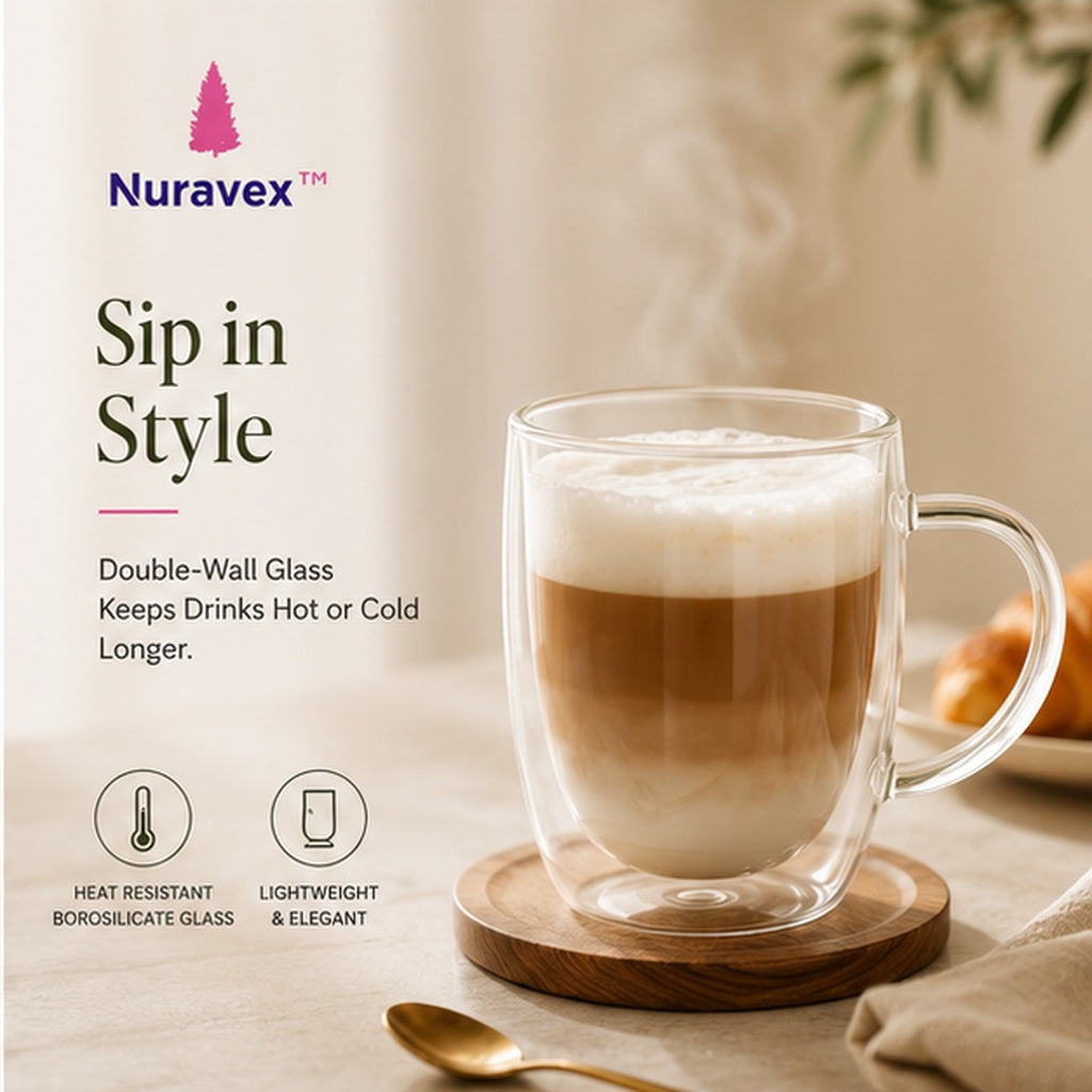 NURAVEX™ Double-Wall Borosilicate Glass Coffee Mug Set | Insulated Latte, Tea & Espresso Cups