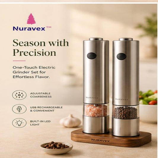 NURAVEX™ Rechargeable Electric Salt & Pepper Grinder Set | Adjustable Ceramic Spice Mills