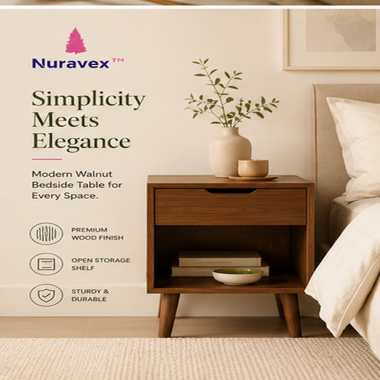 NURAVEX™ Modern Walnut Bedside Table | Compact Minimal Nightstand with Open Storage Shelf