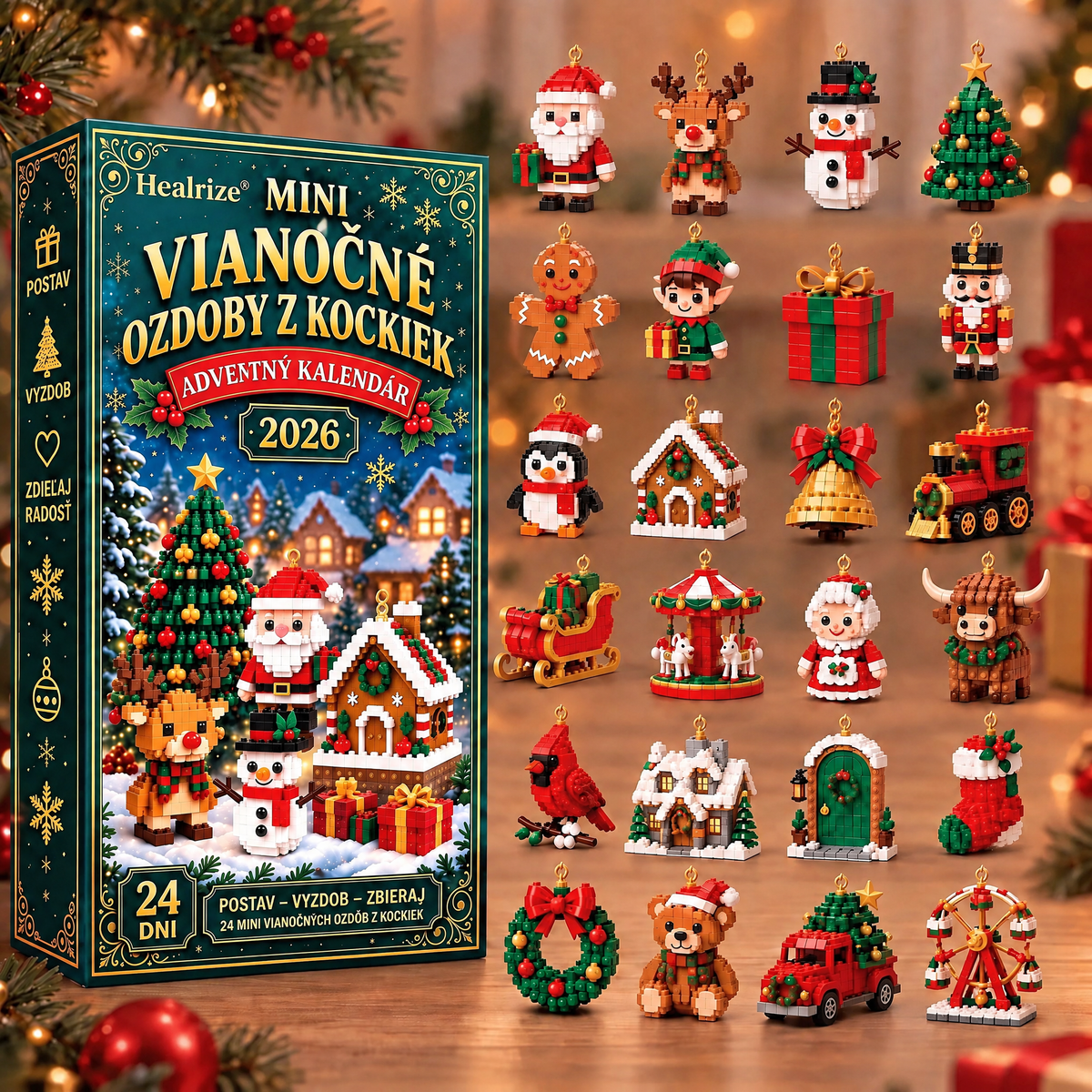 🎄Healrize® Adventný kalendár s 24 mini vianočnými ozdobami zo stavebných kociek