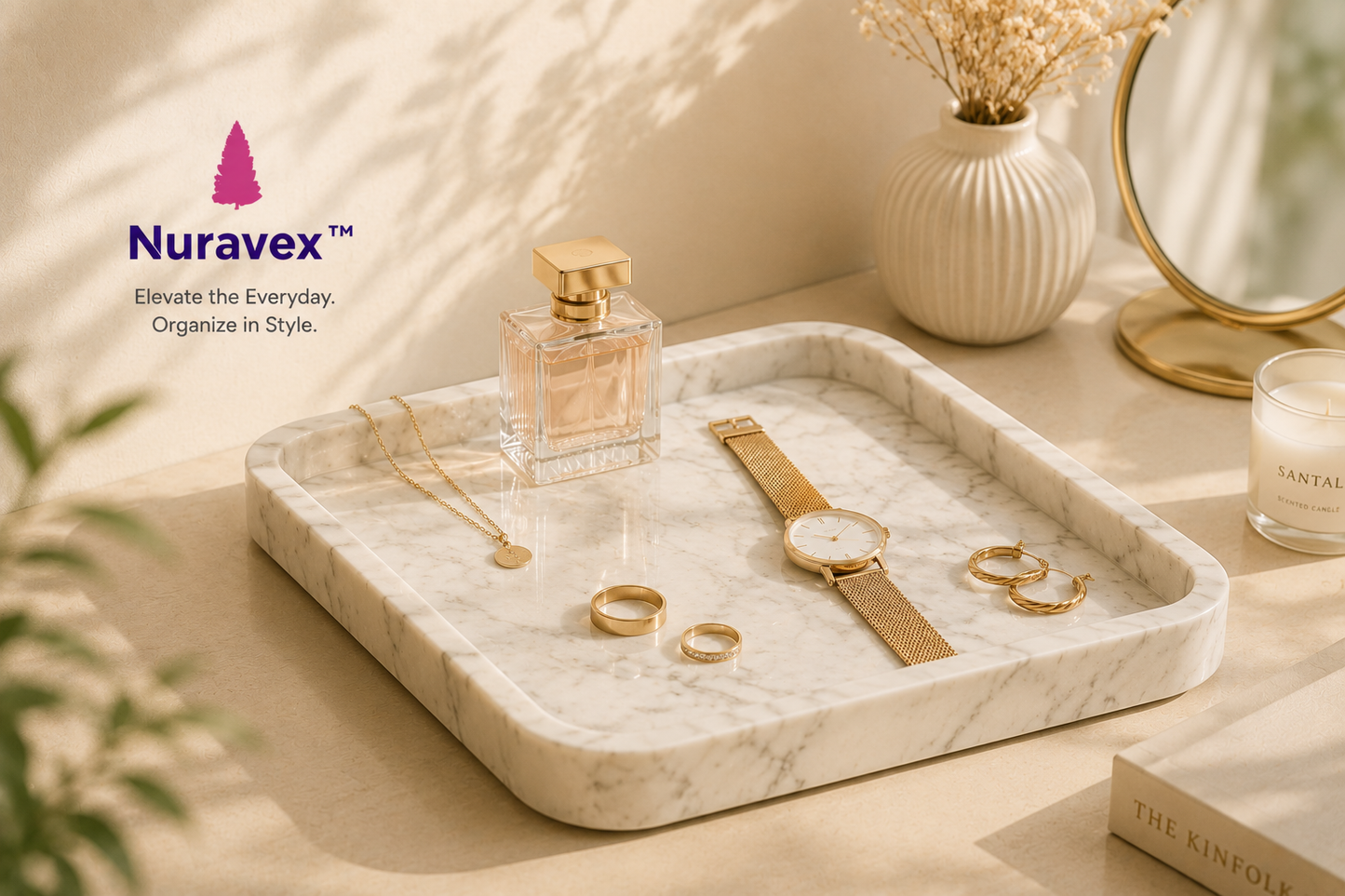 NURAVEX™ Marble Jewelry Tray | Minimal Vanity Organizer for Rings, Watches & Perfume
