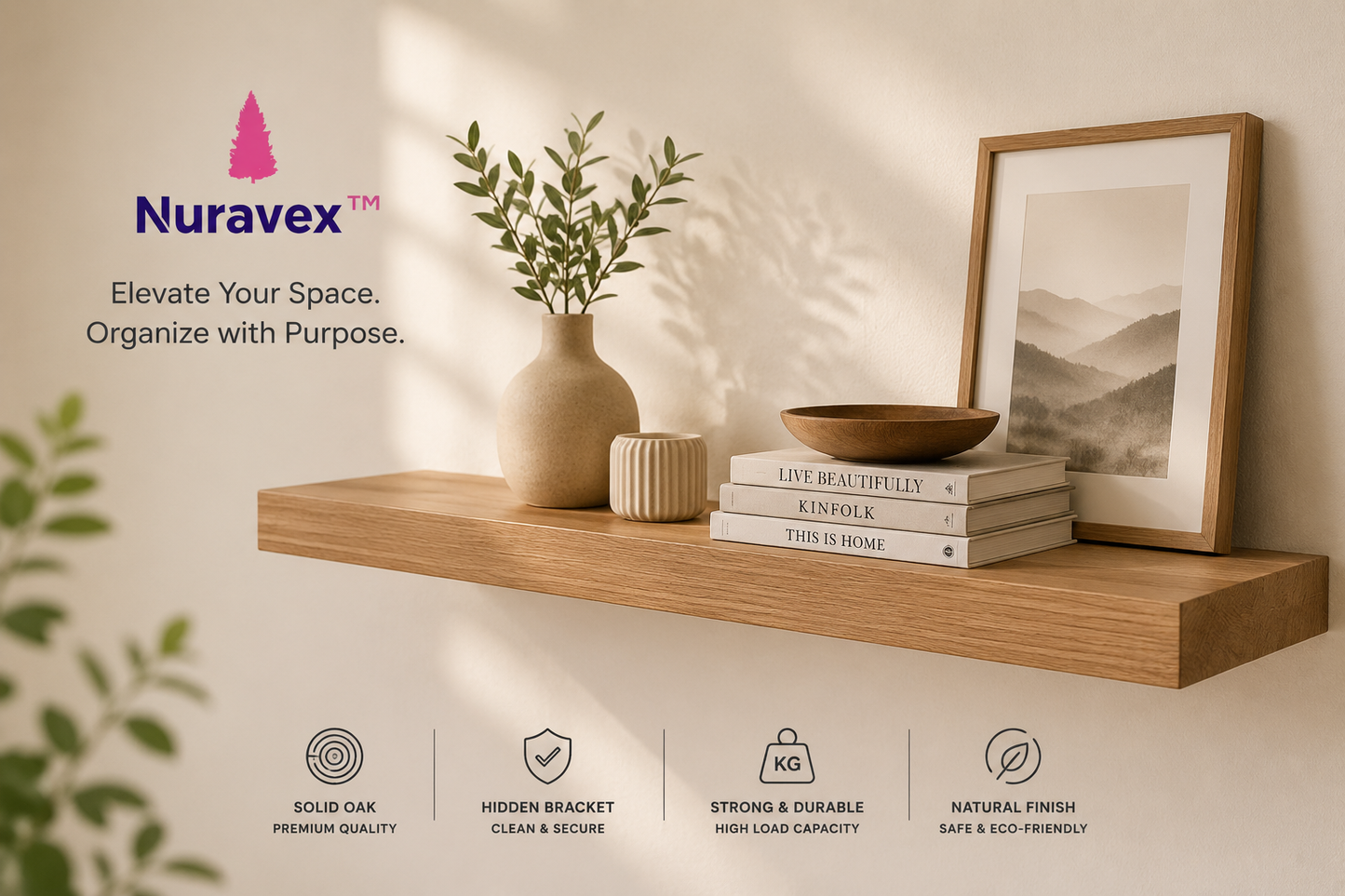 NURAVEX™ Solid Oak Floating Wall Shelf | Minimal Hidden-Bracket Display & Storage Shelf