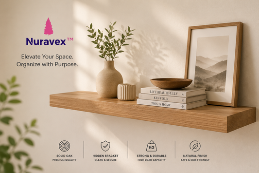 NURAVEX™ Solid Oak Floating Wall Shelf | Minimal Hidden-Bracket Display & Storage Shelf
