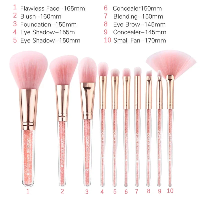 10Pcs Pink Crystal Handle Professional Makeup Brushes Kit Soft Synthetic Hair Blush Foundation Blending Beauty MakeUp Brush