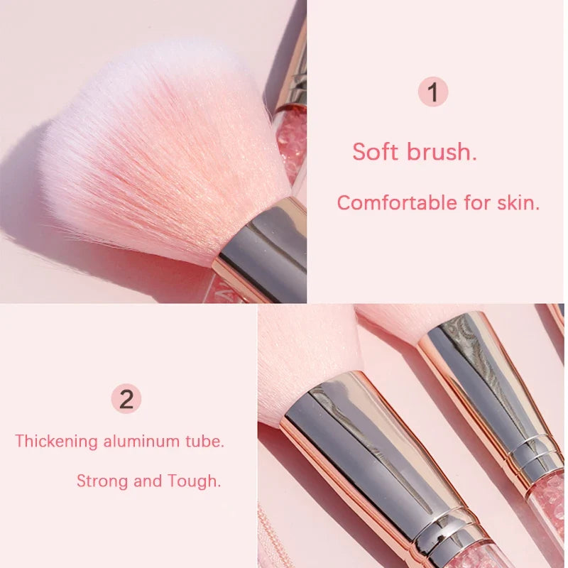 10Pcs Pink Crystal Handle Professional Makeup Brushes Kit Soft Synthetic Hair Blush Foundation Blending Beauty MakeUp Brush