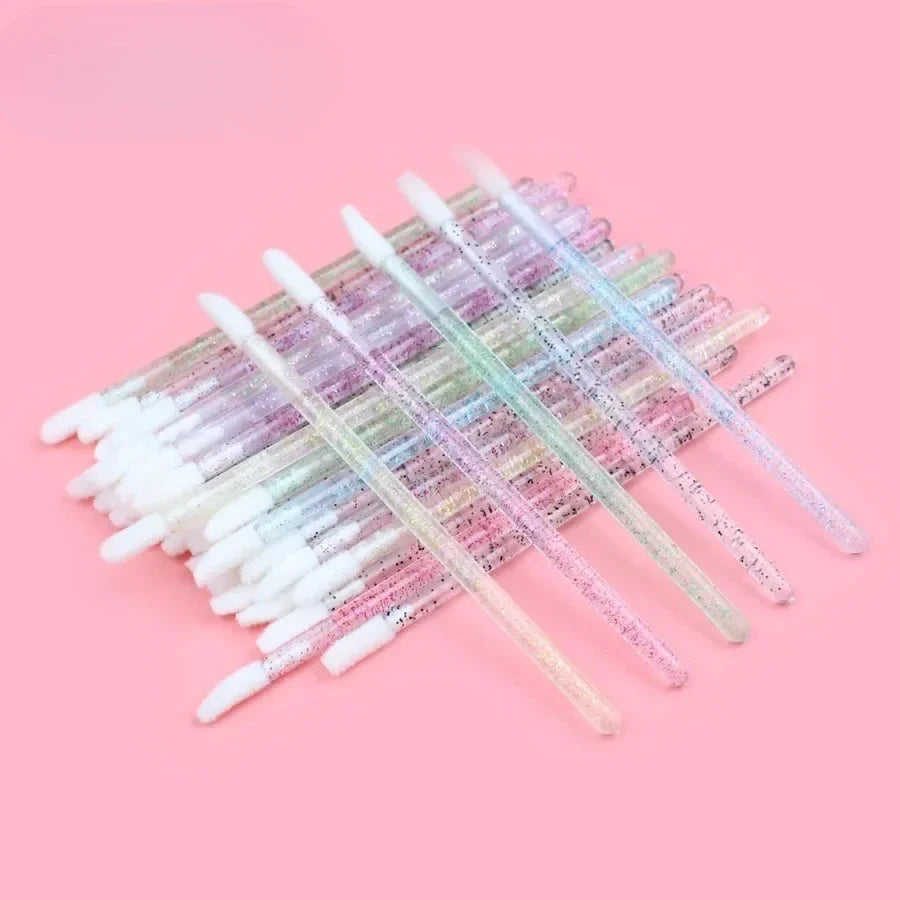 50Pcs/Lot Bling Lip Brush Eyelash Extensions Disposable Flocked Soft Hair Crystal Rod Cleaning Cotton Swab Lipstick Brush Makeup