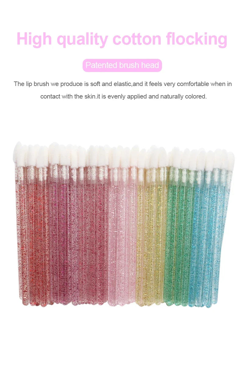 50Pcs/Lot Bling Lip Brush Eyelash Extensions Disposable Flocked Soft Hair Crystal Rod Cleaning Cotton Swab Lipstick Brush Makeup