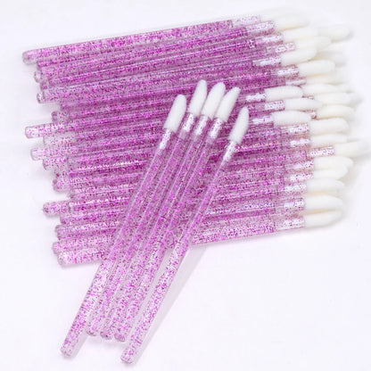 50Pcs/Lot Bling Lip Brush Eyelash Extensions Disposable Flocked Soft Hair Crystal Rod Cleaning Cotton Swab Lipstick Brush Makeup