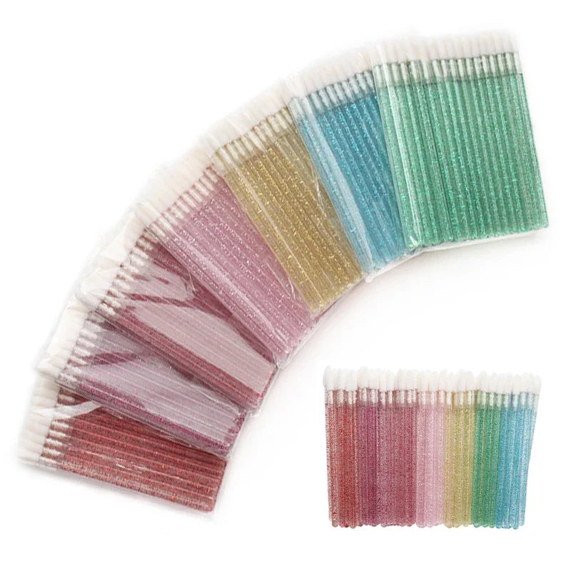 50Pcs/Lot Bling Lip Brush Eyelash Extensions Disposable Flocked Soft Hair Crystal Rod Cleaning Cotton Swab Lipstick Brush Makeup