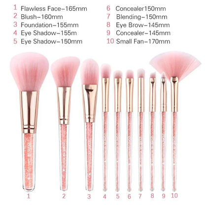 10Pcs Pink Crystal Handle Professional Makeup Brushes Kit Soft Synthetic Hair Blush Foundation Blending Beauty MakeUp Brush
