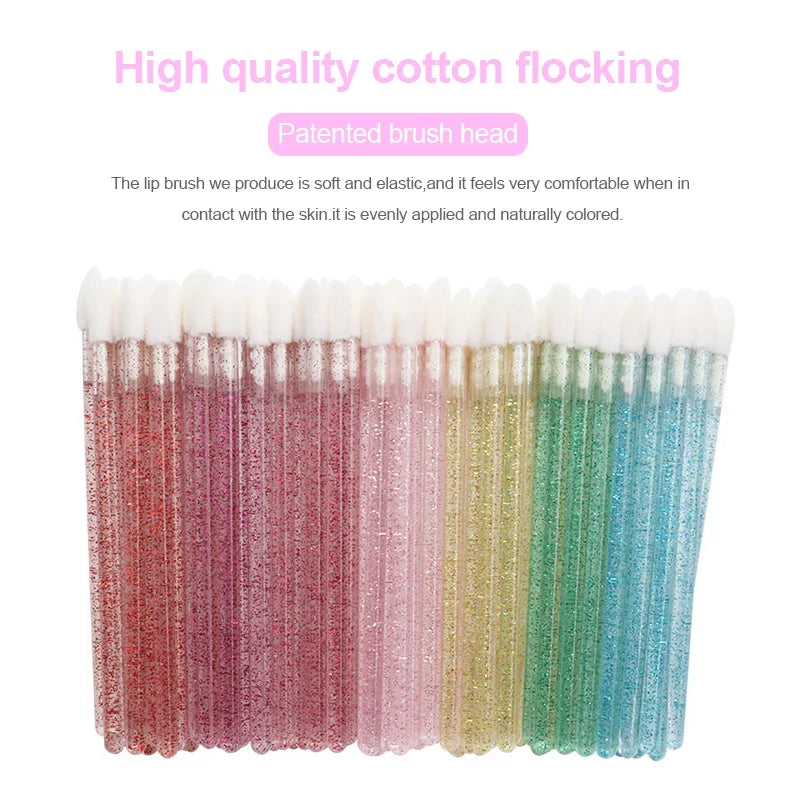 50Pcs/Lot Bling Lip Brush Eyelash Extensions Disposable Flocked Soft Hair Crystal Rod Cleaning Cotton Swab Lipstick Brush Makeup